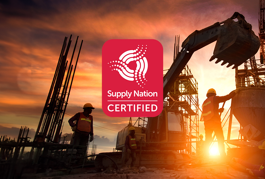 Supply nation certified logo atop a background of construction work
